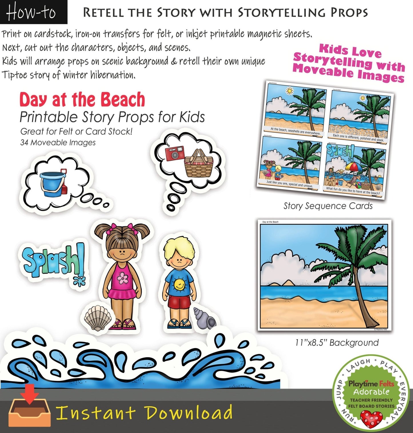 Day at the Beach Printable Story Props Story Retelling Activities for Preschool❣️ - Printable Story Props Playtime Felts