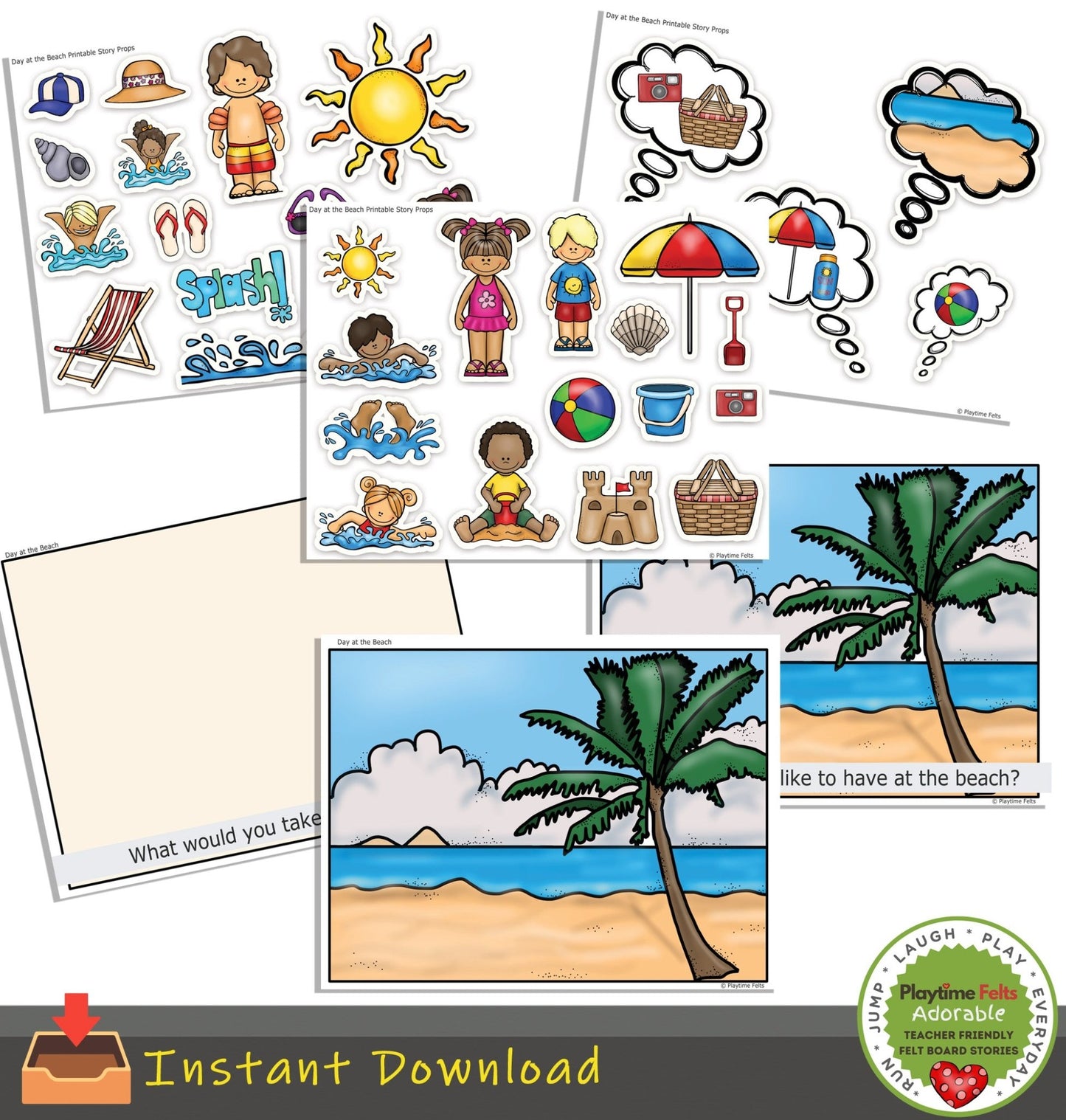 Day at the Beach Printable Story Props Story Retelling Activities for Preschool❣️ - Printable Story Props Playtime Felts