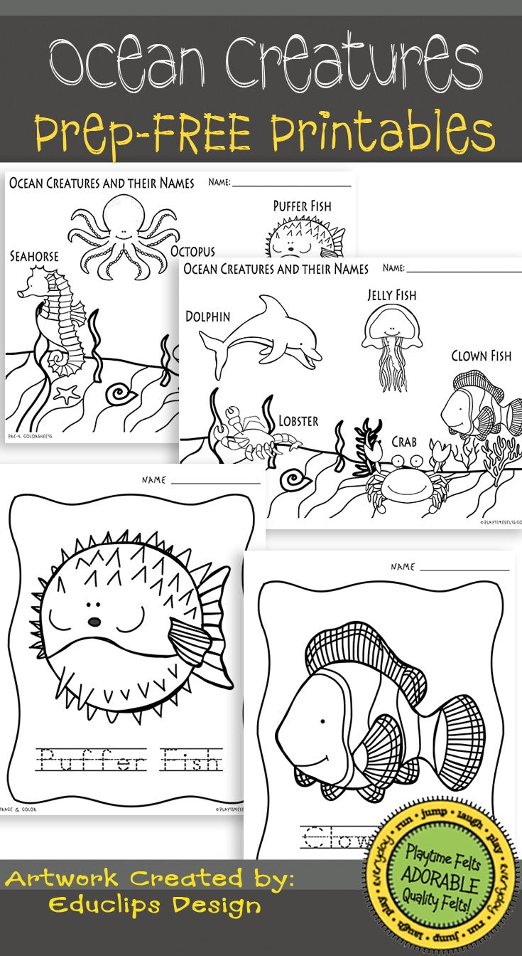 FREE Ocean Creatures Coloring Sheets - Preschool Activity Sheets Playtime Felts