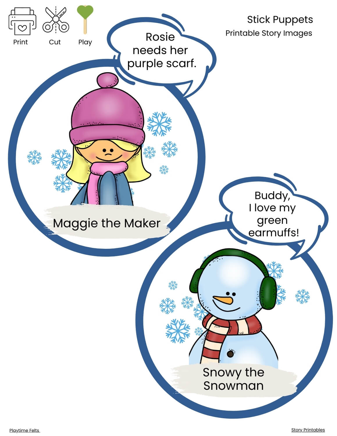 Stick Puppets for Reader’s Theater | Let It Snow Storytime Cut Out Puppets - Story Printables Playtime Felts