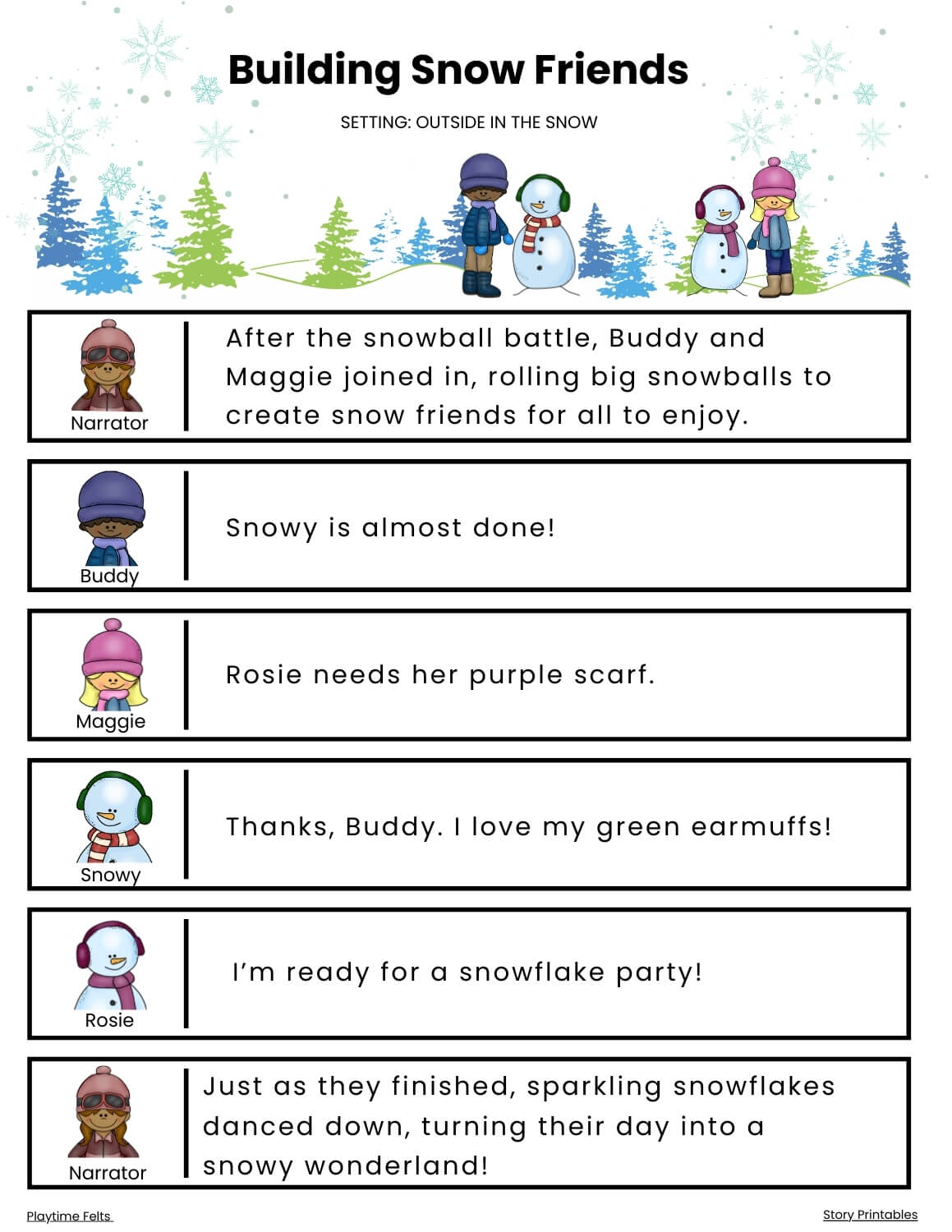 Stick Puppets for Reader’s Theater | Let It Snow Storytime Cut Out Puppets - Story Printables Playtime Felts